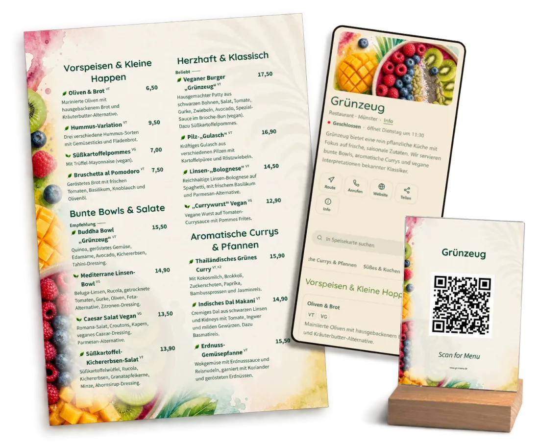 Gedruckte Menükarte, digitale Menükarte und QR-Code aus einer Hand.